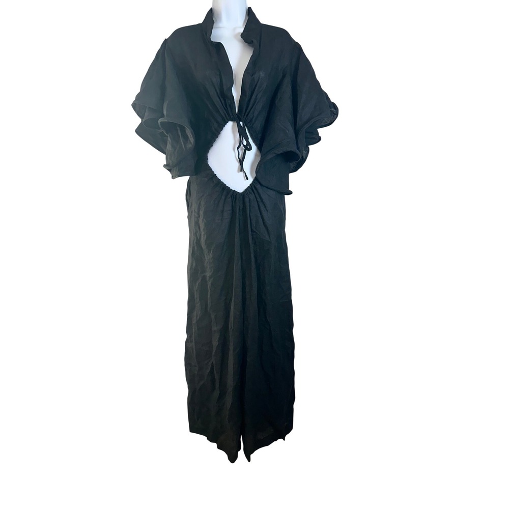 Kimmystic Clo Black 100% Linen Cutout Wide Leg Jumpsuit Ruffle Sleeve Large